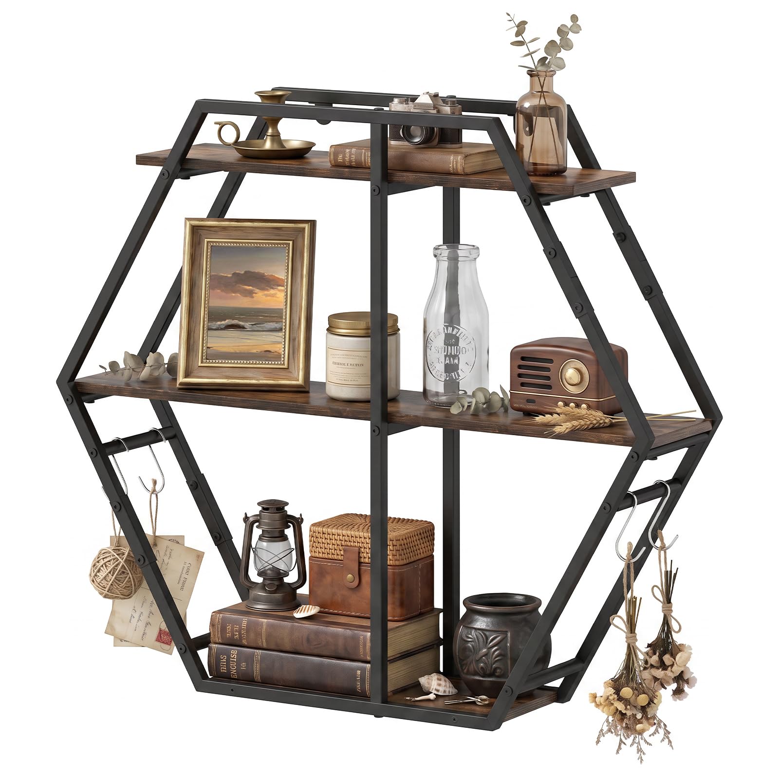 Tangkula 3-Tier Geometric Bookcase with 4 S-Shaped Hooks & Heavy Duty Metal Frame